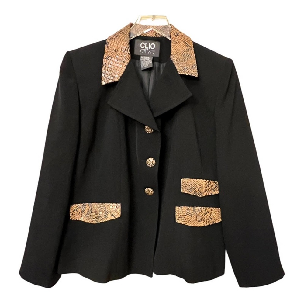 CLIO Black and Tan Faux Reptile Collar and Pocket Trimmed Blazer NWOT 12P
